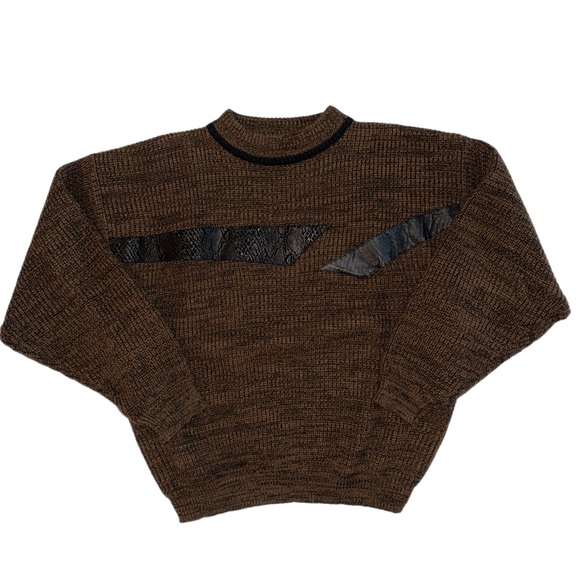 Vintage Street Scenes Men's Brown Sweater with Leather Accents - Picture 1 of 2